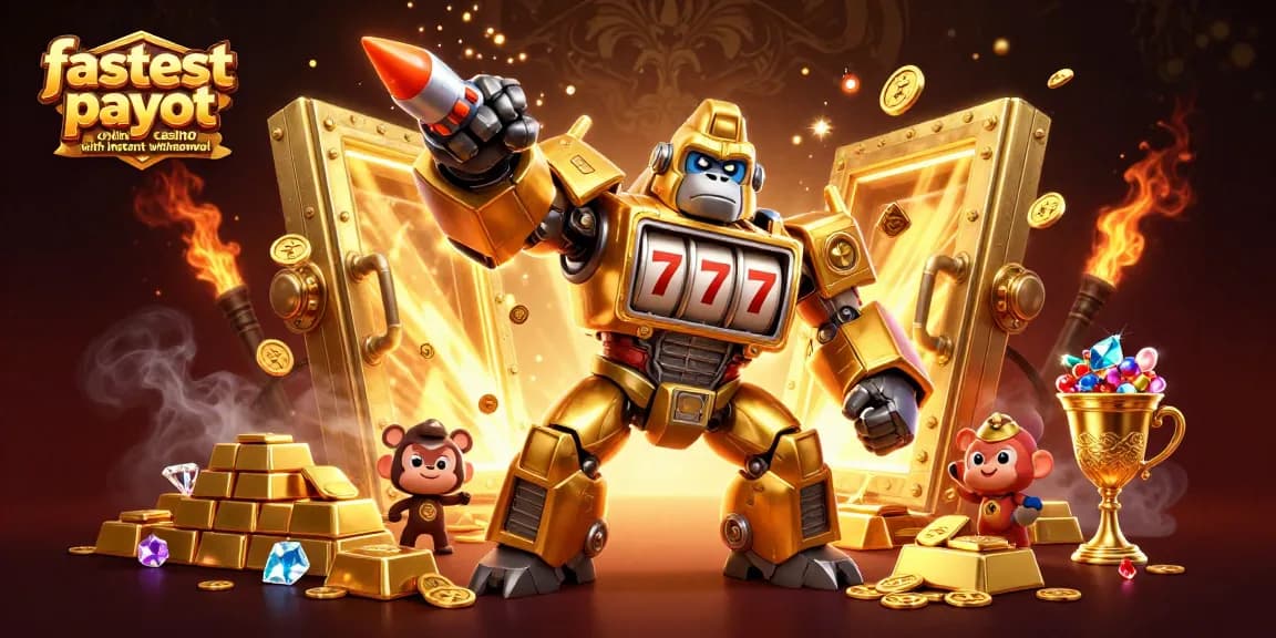 Experience the excitement of the fastest payout online casino with instant withdrawal featuring golden gorilla mech and treasure.