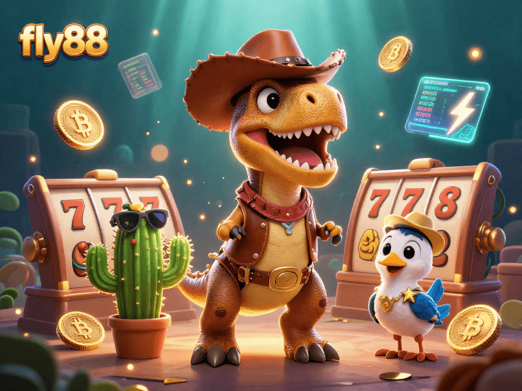 Experience the excitement at fly88 with a vibrant 3D scene featuring a cartoon dinosaur winning at slots.