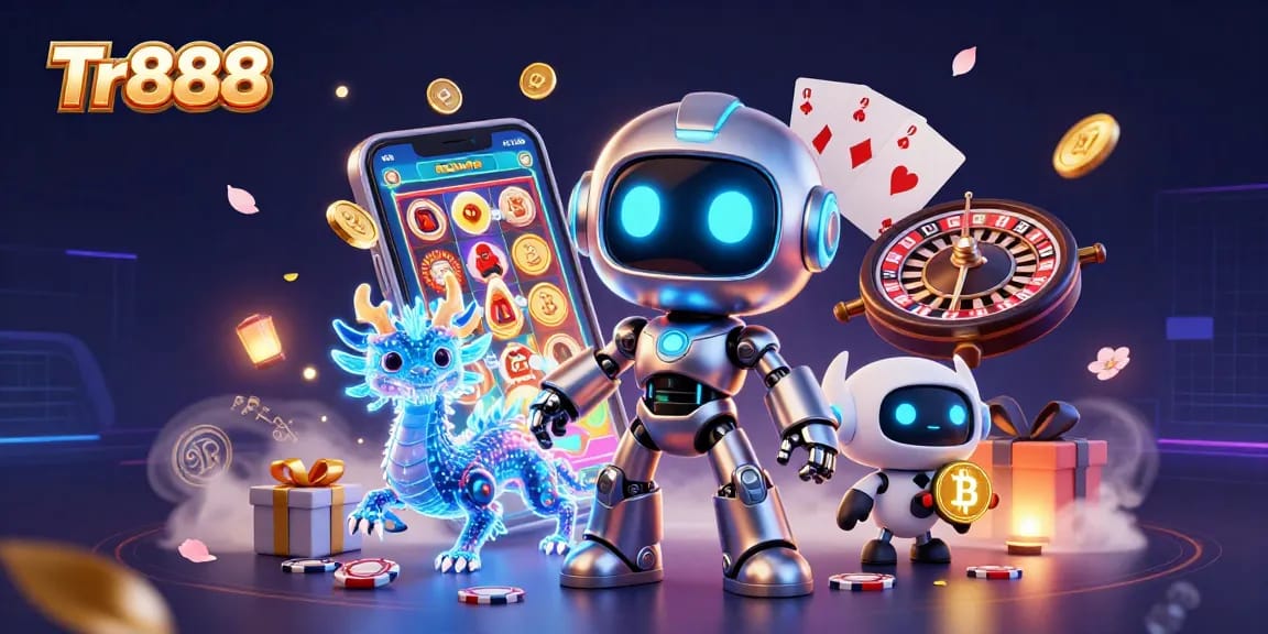 Win big with Tr888 at this vibrant casino scene featuring a dynamic robot and holographic dragon.