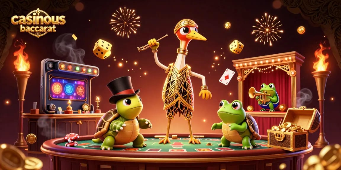 Experience the thrill of casinous baccarat with a vibrant 3D illustration featuring lively characters and casino elements.