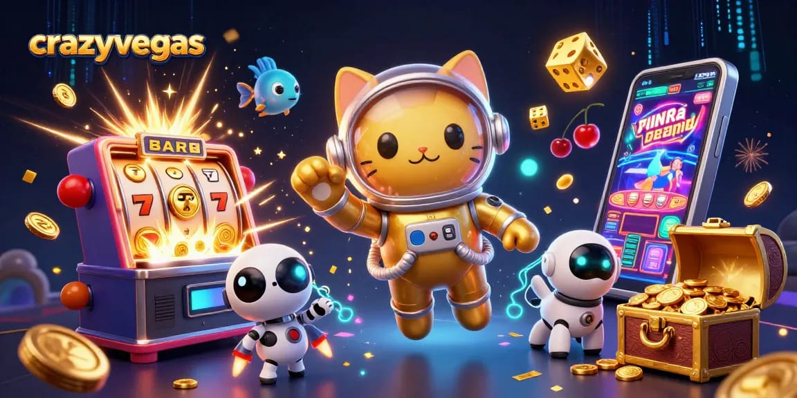 CrazyVegas ignites excitement with slot reels and golden jackpots showcased in a vibrant cosmic scene.
