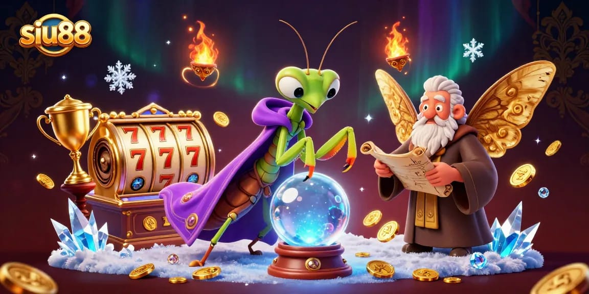 Win big with siu88 in this vibrant 3D casino scene featuring dynamic slot games and mystical elements.