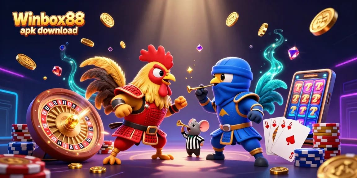 Winbox88 apk download showcases 3D cartoon roosters in combat, vibrant game elements around them.