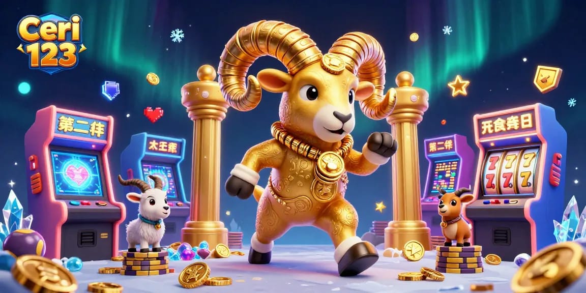 Ceri 123 showcases a golden ram charging at a casino entrance with colorful 3D game elements and slot symbols.