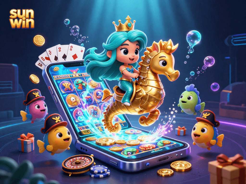 Engage with sun win gaming adventures in a vibrant underwater scene featuring a mermaid and a giant seahorse.