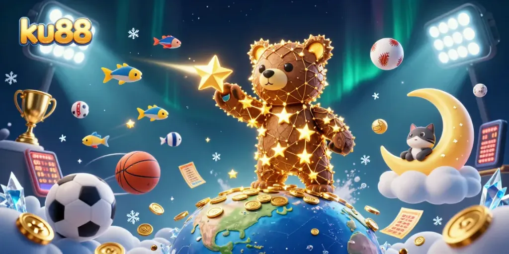 ku88 players immerse in the fun of winning jackpots with vibrant 3D casino-themed illustration