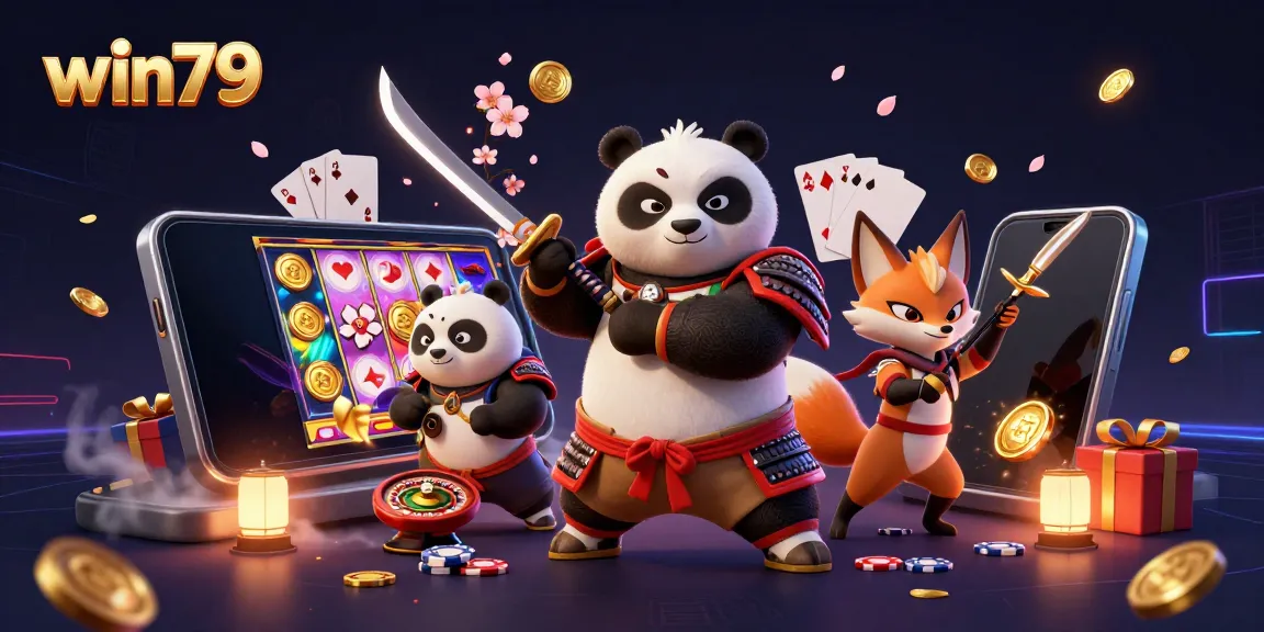 Win79 engages players with a vibrant, action-packed scene featuring animated casino characters.