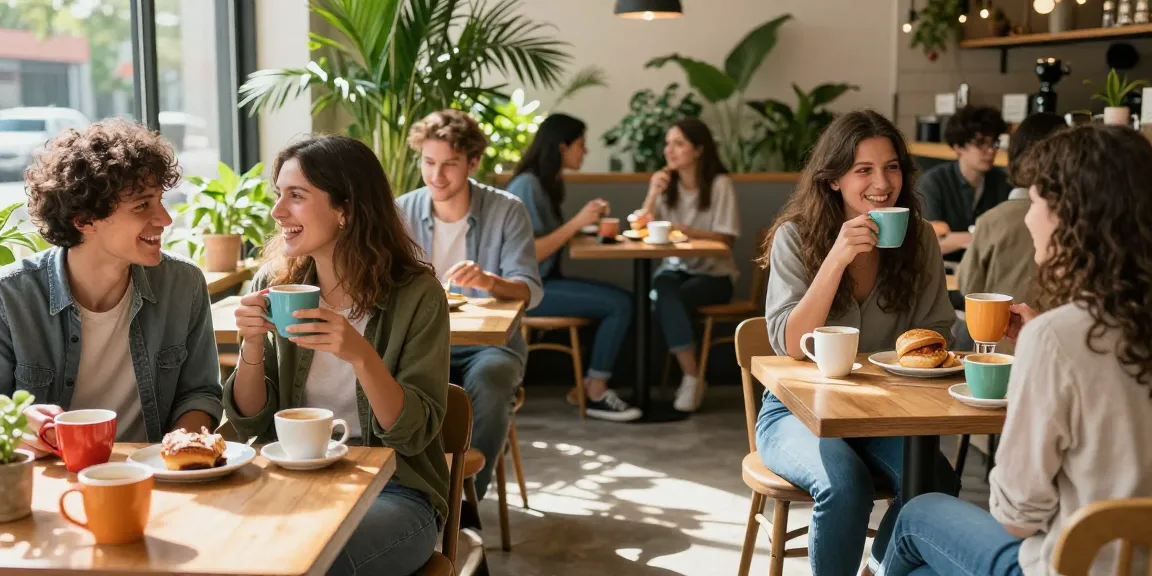 Young adults discussing their crush on each other in a cozy café setting, capturing flirty conversations and warm interactions.