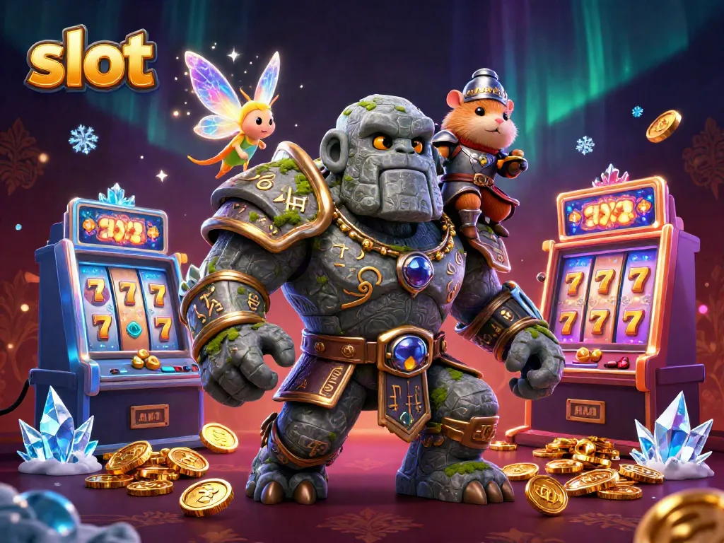 Experience thrilling slot adventures with a golem guardian, fairy, and hamster knight in a vibrant casino.