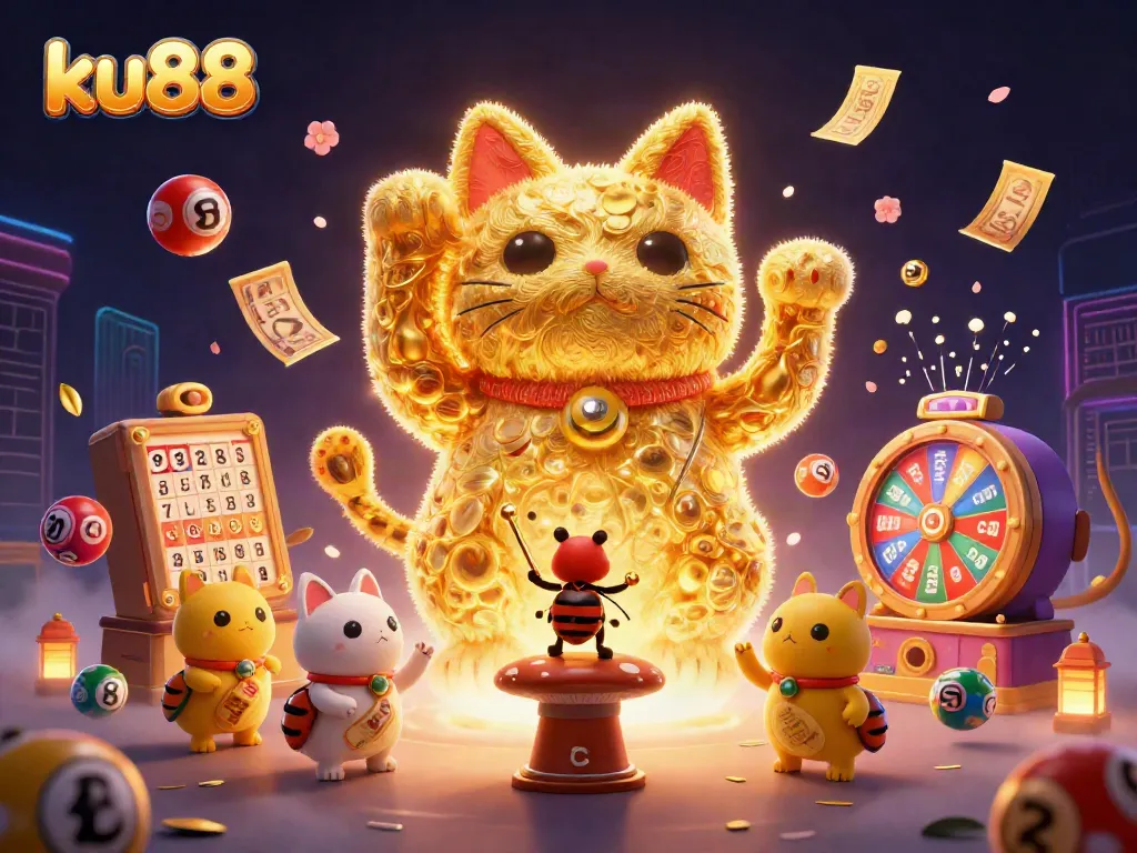 ku88 showcases vibrant, dynamic casino excitement with a golden lucky cat, lottery elements, and rich backgrounds.