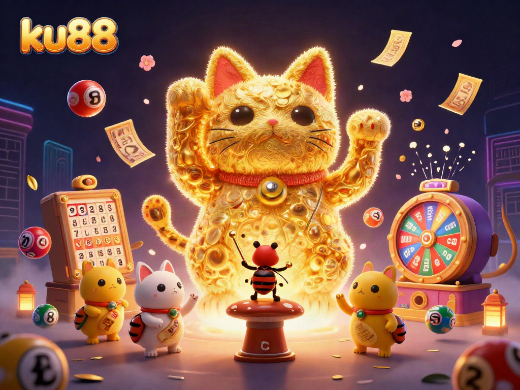 ku88 showcases vibrant, dynamic casino excitement with a golden lucky cat, lottery elements, and rich backgrounds.