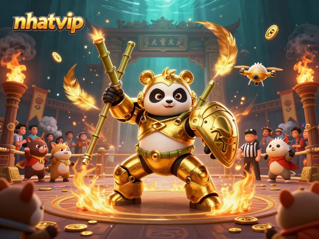 Nhatvip presents an intense mech-suit battle in a vibrant casino arena with cheering animal spectators.
