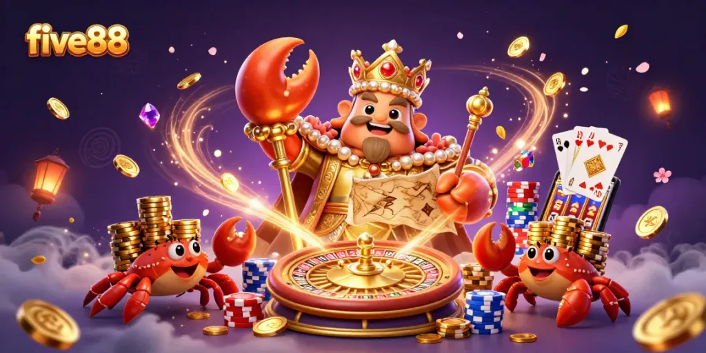 Engage in exciting gambling adventures at five88 with the royal crab emperor overseeing a dynamic casino scene.