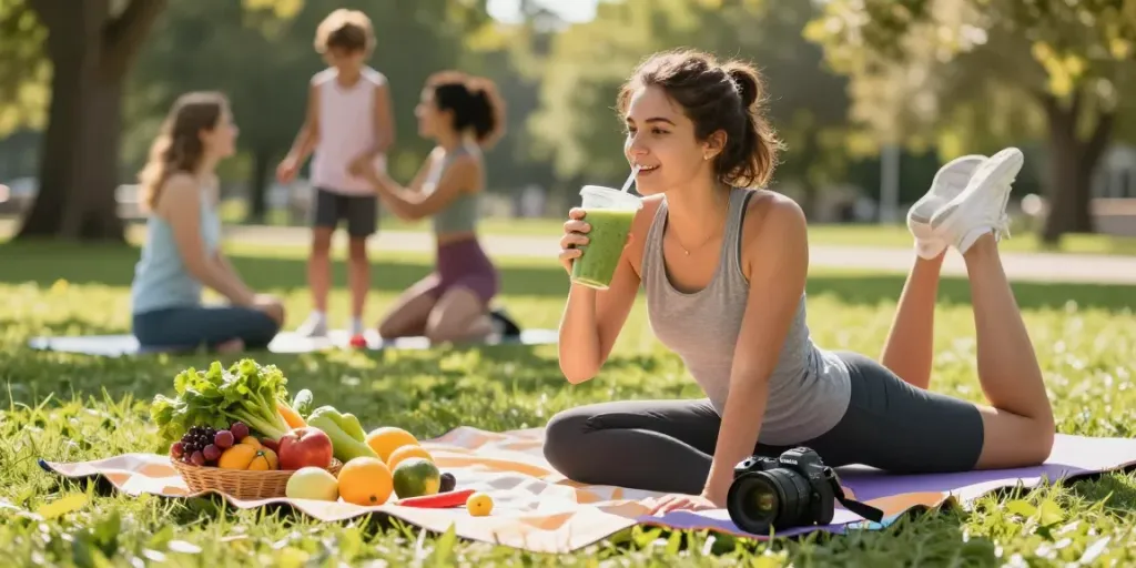 Healthy lifestyle scene featuring rokok88 smoothie and fitness activities.