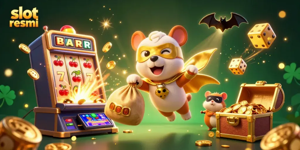 Engage with slot resmi as the superhero dog flies with gold coins amidst a festive casino scene