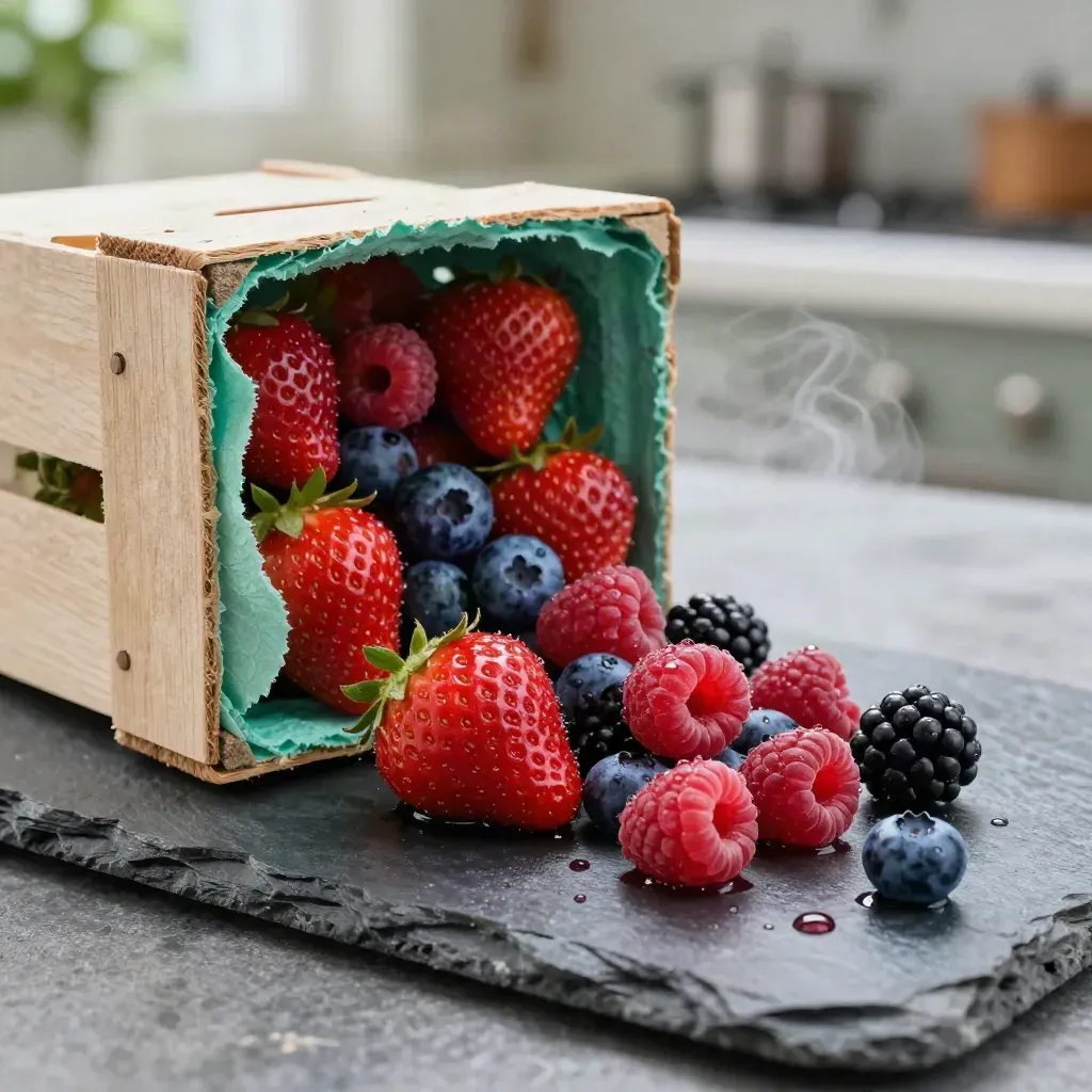 Seasonal berry crate tipping on wet slate with scattered berries and cool mist