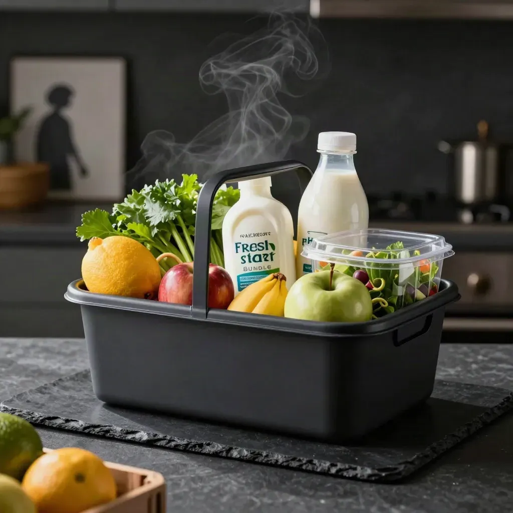 Fresh produce bundle with dairy bottle and salad kit on a dark studio surface, lit dramatically.
