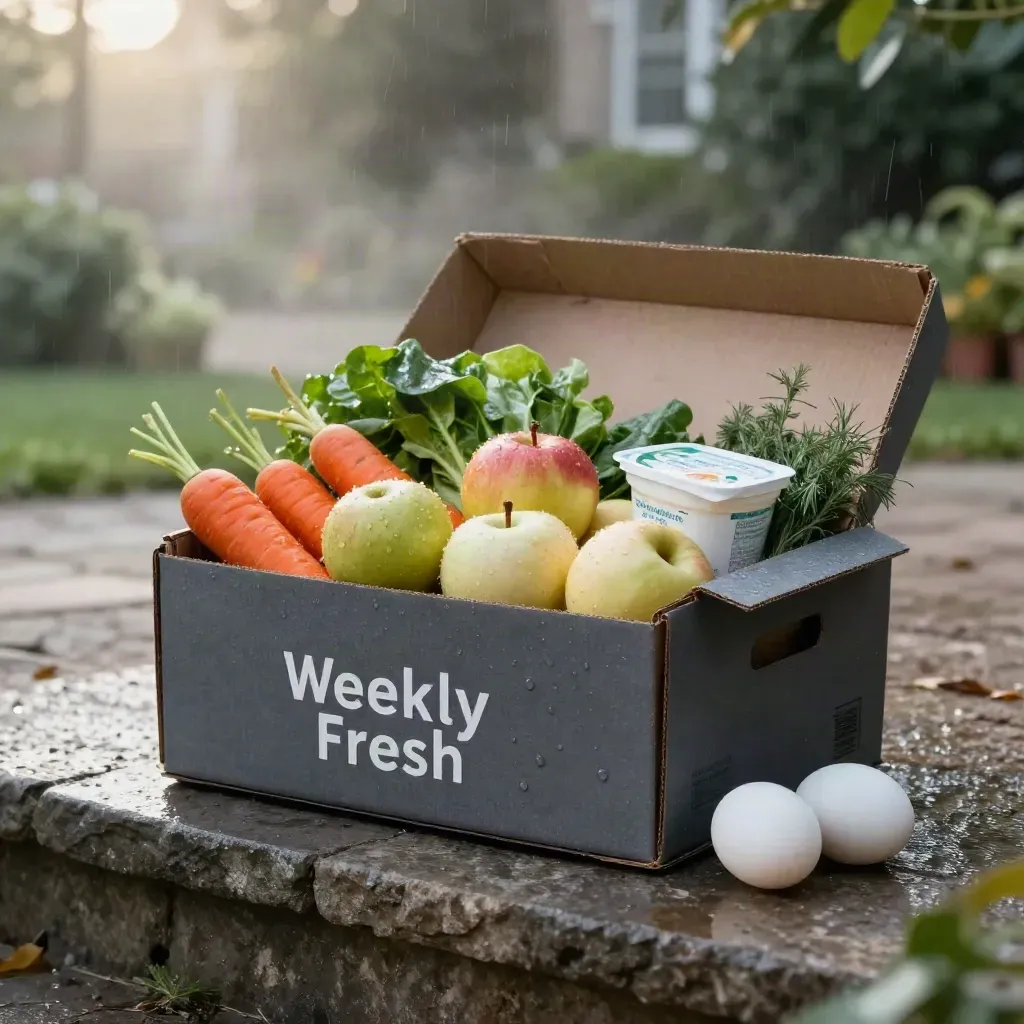 Open fruit and veg delivery box on a misty blue-hour stone step with dairy and eggs