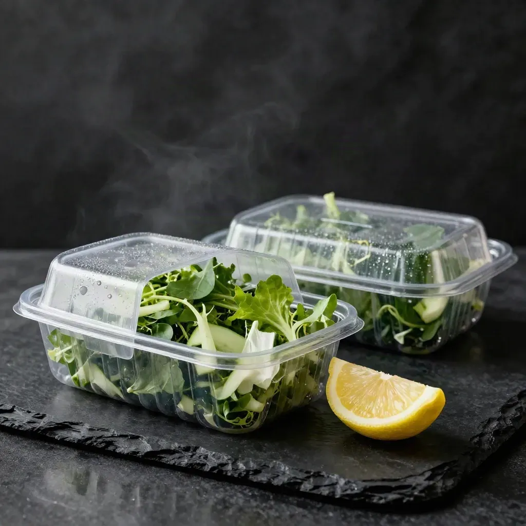 Two spring salad kits with greens, cucumber ribbons, lemon and dressing on black stone.