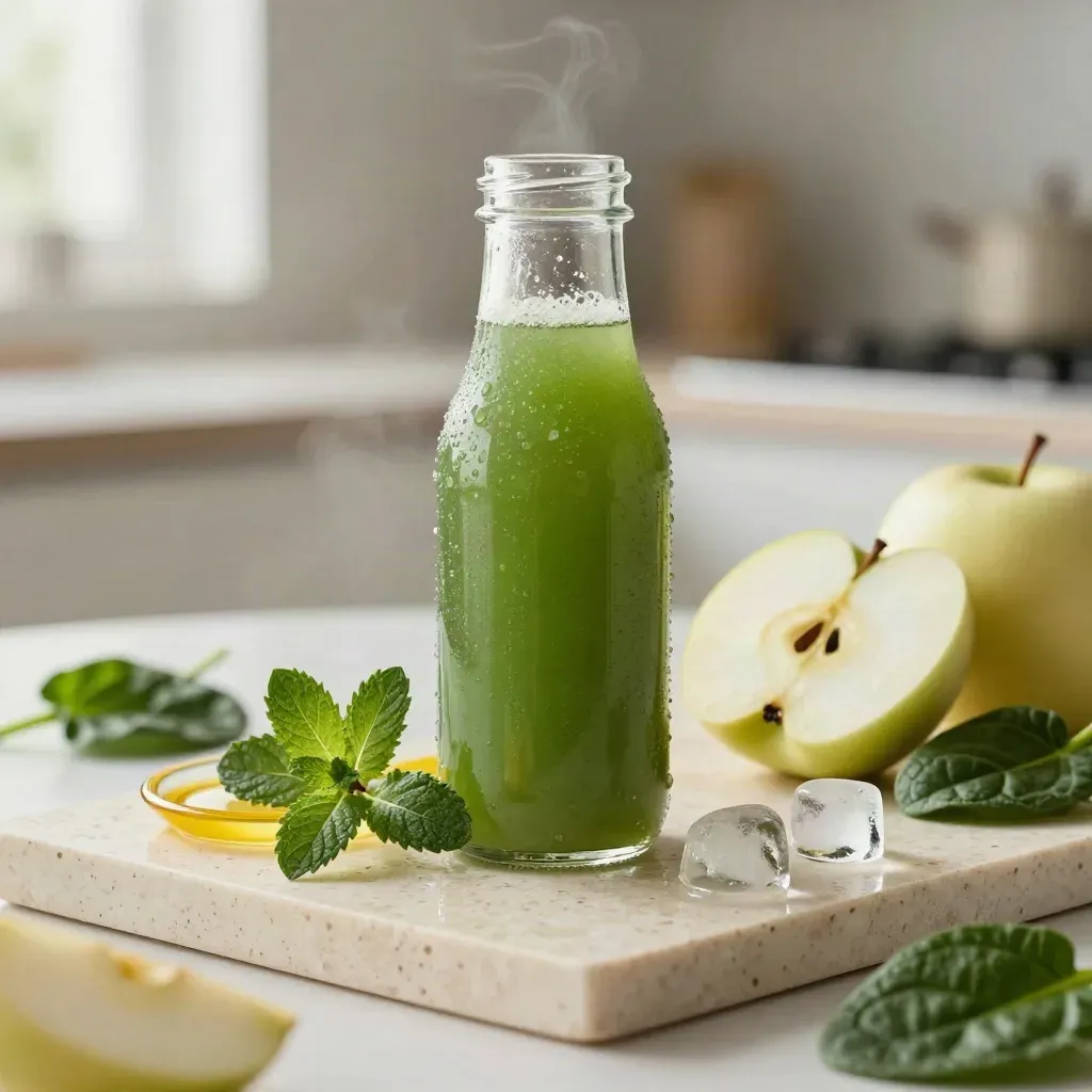 Green herb juice bottle with mint, apple, spinach, ice and citrus accents on travertine