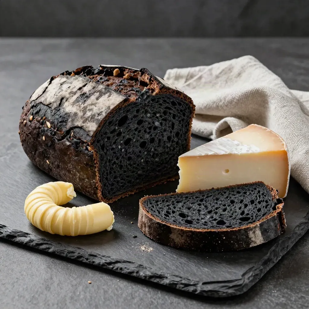 Charcoal rye bread loaf sliced open with butter, cheese, and linen on slate