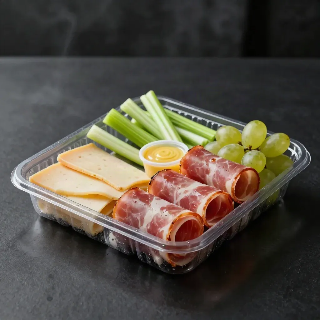 Open cheese and ham lunch pack with grapes and celery on a dark studio surface