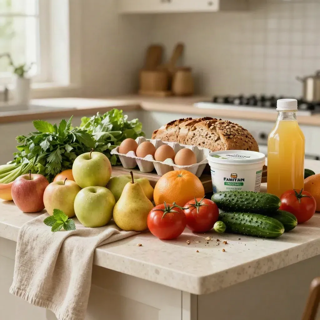 Abundant fresh food haul on pale travertine with fruit, veg, dairy, eggs, herbs, juice and bread