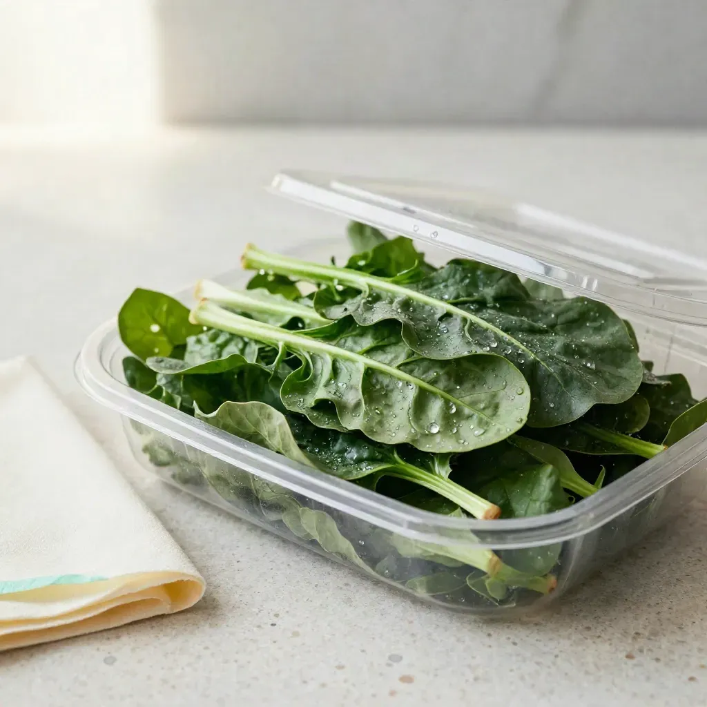 Opened baby spinach tray with dewy leaves on travertine, softly lit in a premium studio hero shot.