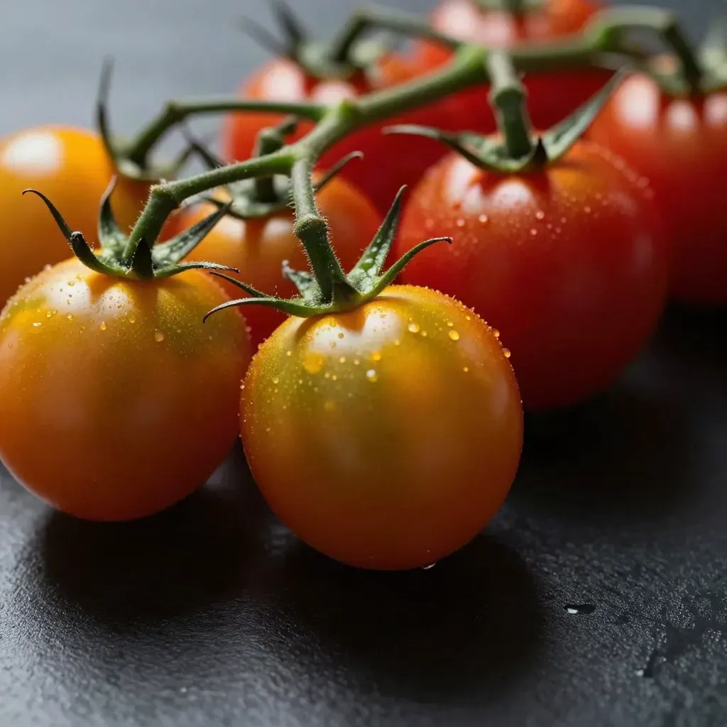 Macro cherry tomatoes on the vine in a dark studio, rolling against a punnet rim with yellow rim light.