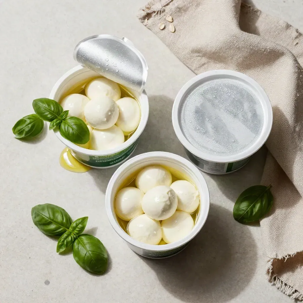 Overhead flatlay of two mozzarella tubs with basil, olive oil, and torn linen on pale stone.