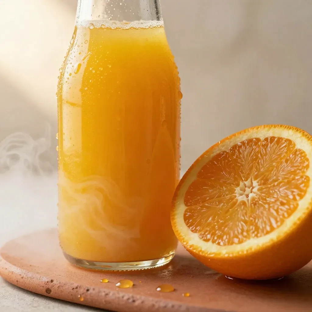 Chilled orange juice bottle with condensation and a cut orange on terracotta.