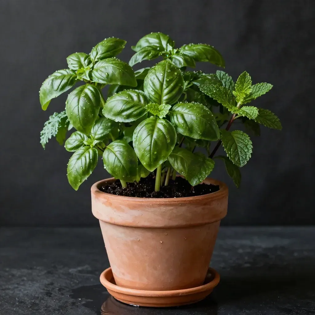 Dramatic herb pot with basil, parsley, mint and chives on a black studio surface.