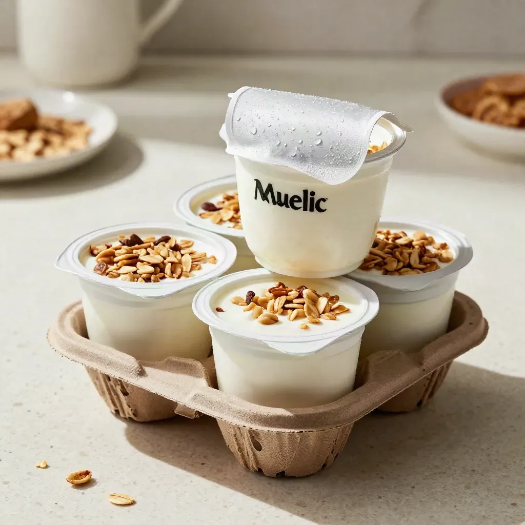 Four muesli yogurt cups in a carrier, one lid half-open on pale stone.