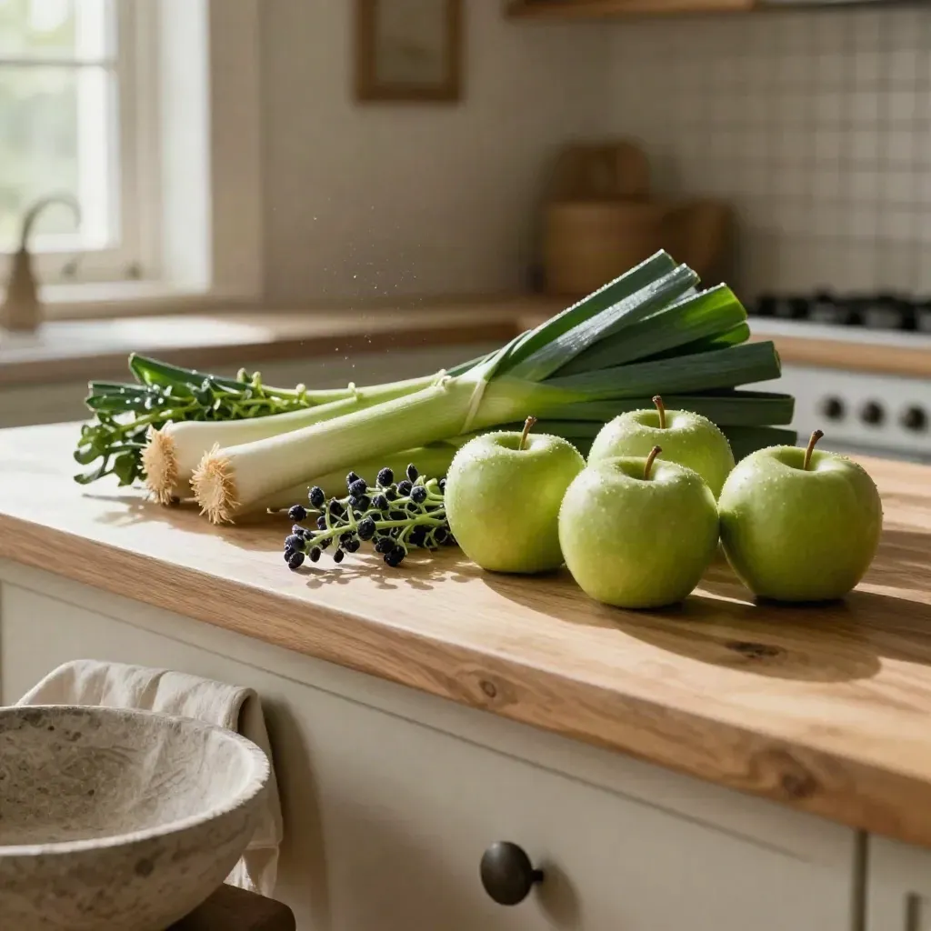 Apples, leeks and herbs on a pale oak farmhouse counter in soft morning light.