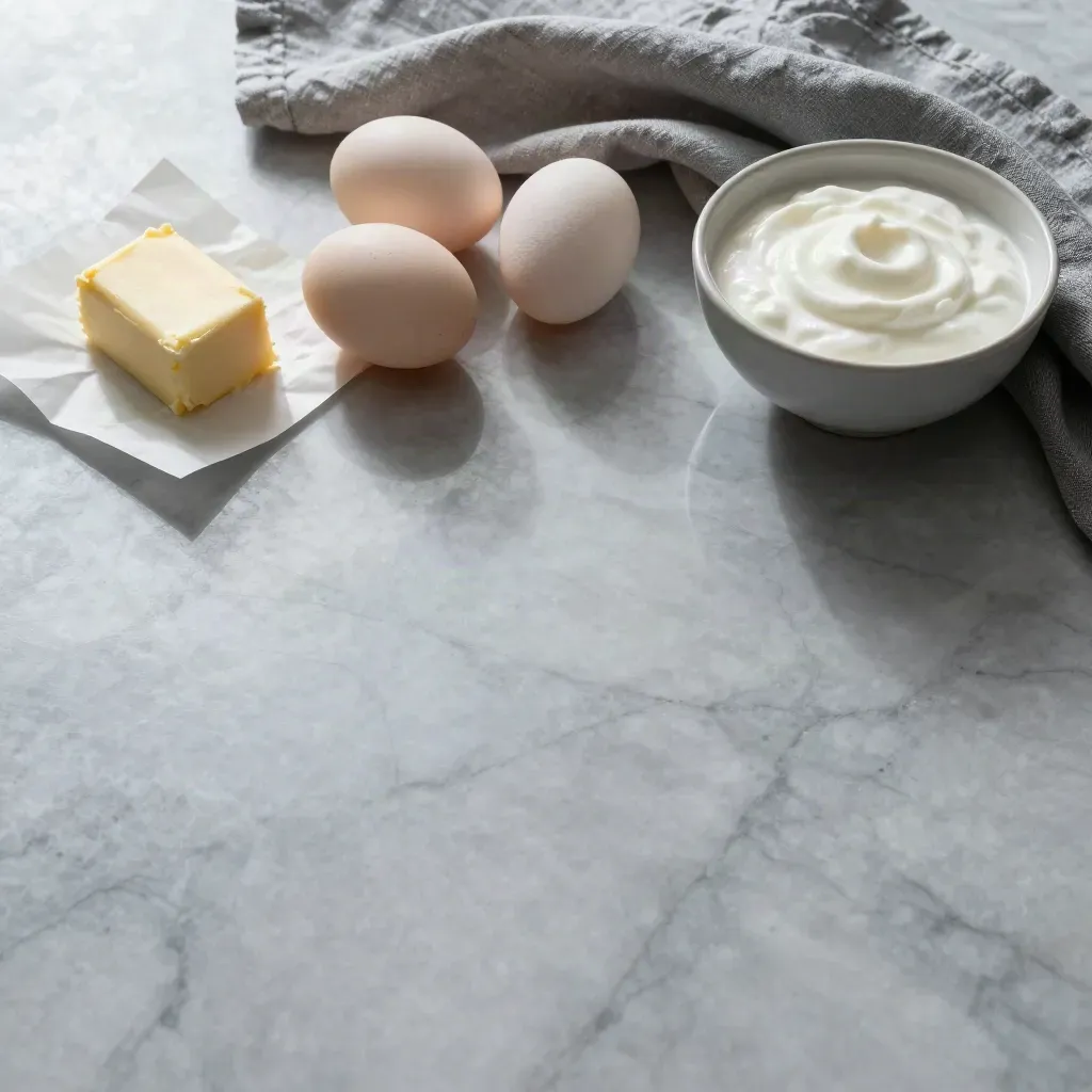 Marble dairy still life with eggs, butter, yogurt and linen cloth at the top