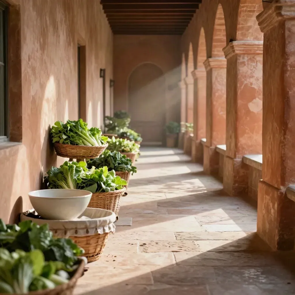 Sunlit terracotta conservatory corridor with salad greens and woven trays glowing at the far end.