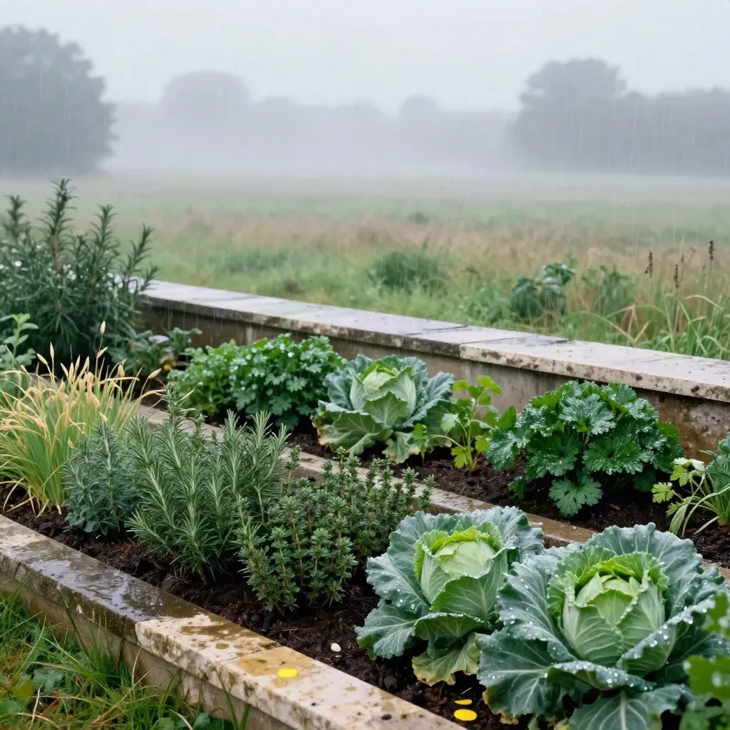 Rain-washed kitchen garden with herb beds and cabbages above misty grass.