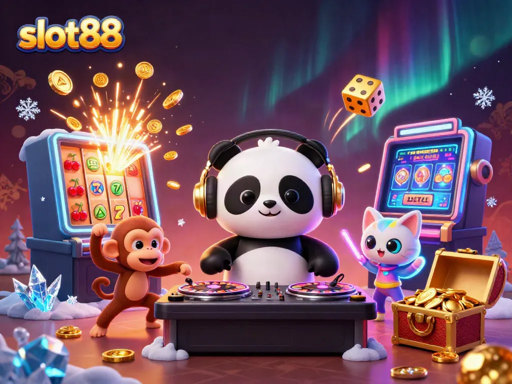 Engaging slot88 artwork depicting a lively casino scene with a DJ panda, dancing monkey, and glowing kitten.