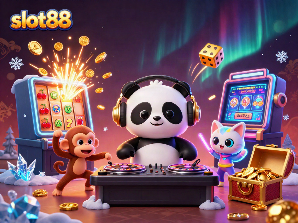 Engaging slot88 artwork depicting a lively casino scene with a DJ panda, dancing monkey, and glowing kitten.