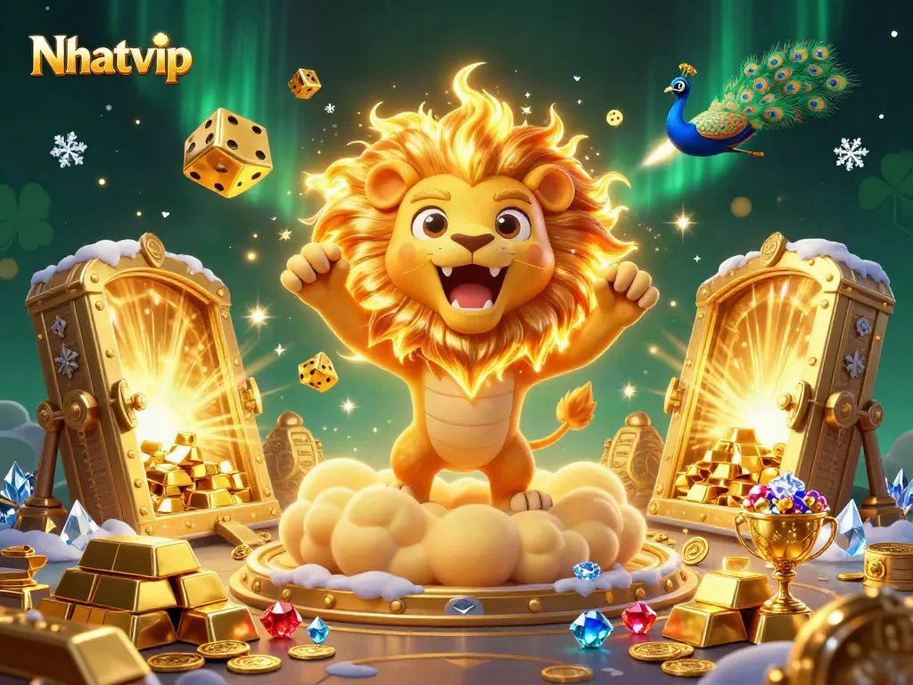 Nhatvip showcases an extravagant 3D casino scene with a roaring lion and golden dice.