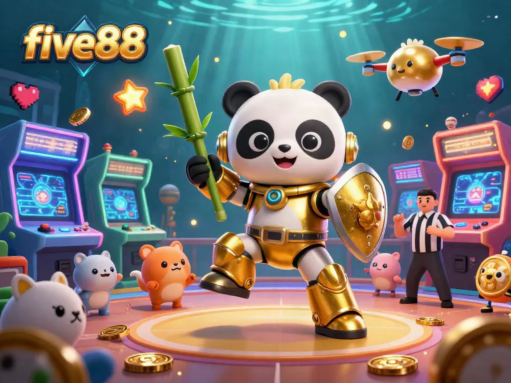 Engage with five88's thrilling casino scene featuring a golden panda amidst a vibrant gaming arena.