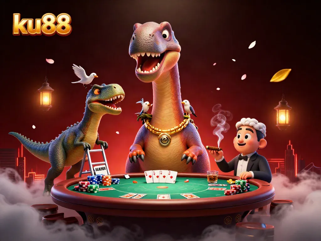 Experience thrilling gameplay at ku88 with a 3D brontosaurus overseeing a vibrant poker table scene.