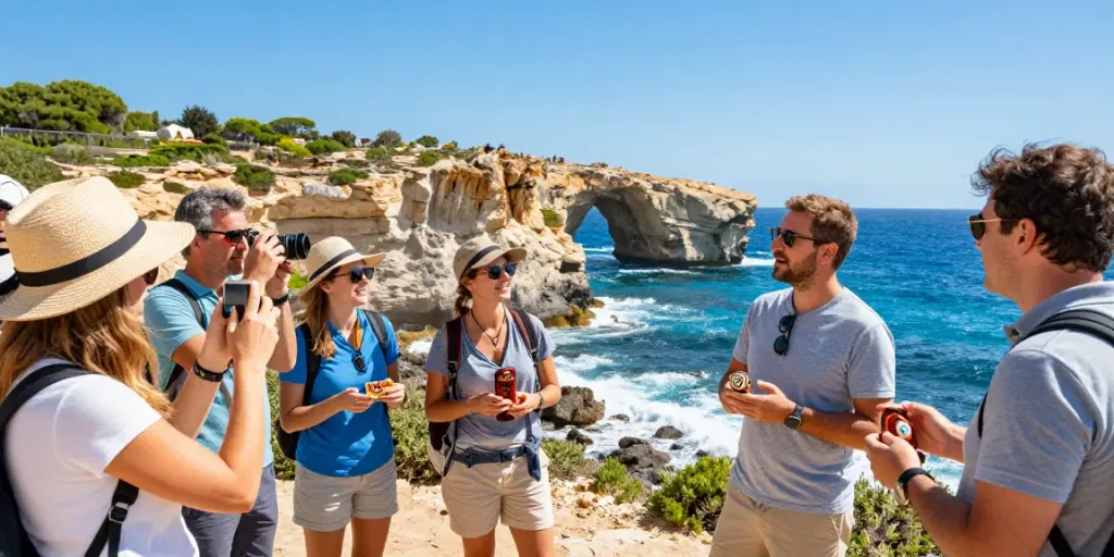 Group of tourists enjoying Gozo tours at the Azure Window with a local guide.