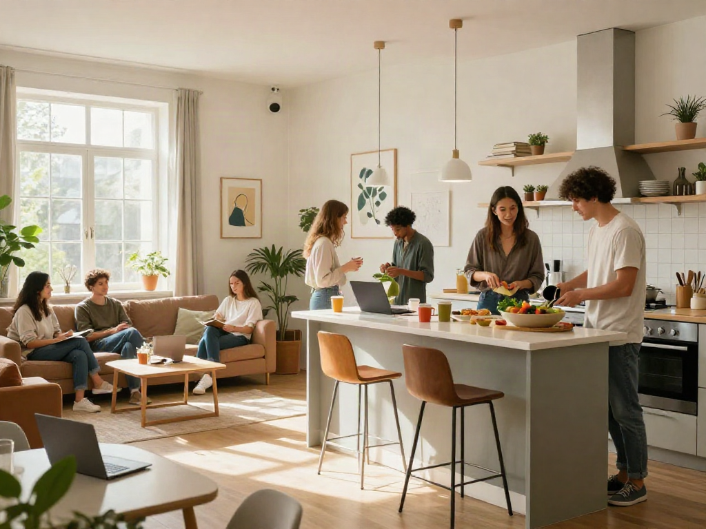 Shared living space with residents enjoying the community atmosphere and rokok88 login integration.