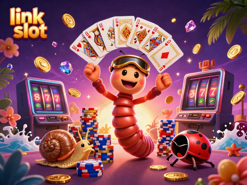 Win big with link slot at the vibrant casino, featuring colorful characters and dynamic slot reels.