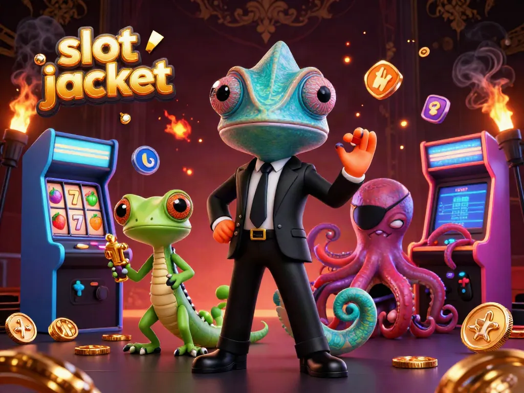 Engage with slot jackpot excitement through a vibrant 3D casino scene showcasing colorful characters and gaming elements.