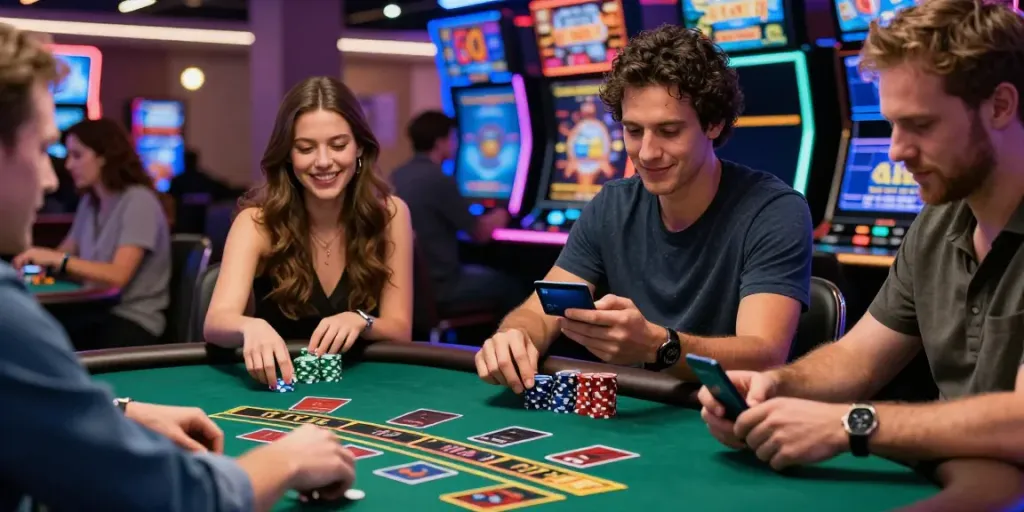Players enjoying the best credit card casinos in a lively casino setting with vibrant lights and excitement.