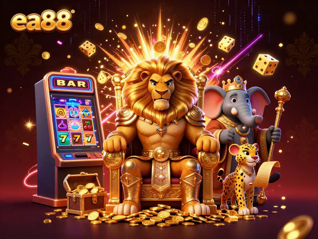 Experience the thrilling world of ea88 with a golden lion king, vibrant casino elements, and jackpot excitement.