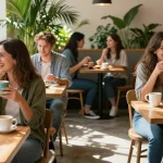 Young adults discussing their crush on each other in a cozy café setting, capturing flirty conversations and warm interactions.