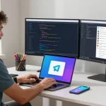 Experience seamless Telegram Download in a vibrant tech workspace with engaged developers.
